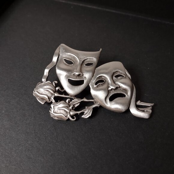 Silver Tone Comedy And Tragedy Metal Brooch - Picture 1 of 6